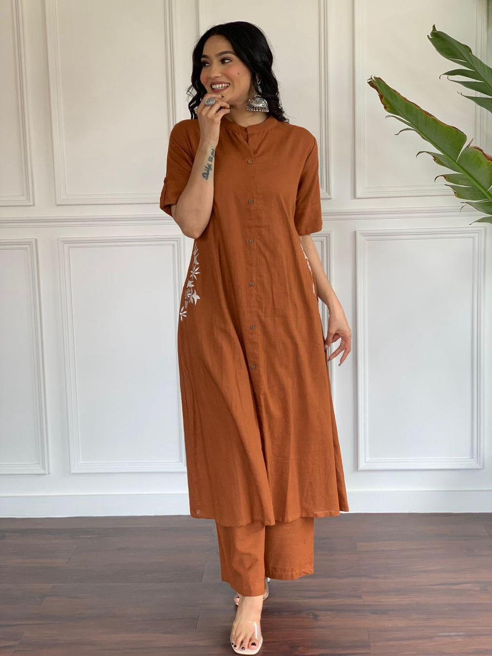 Brown Rust Embroidered Cotton Kurta and Palazzo Set - pasoya