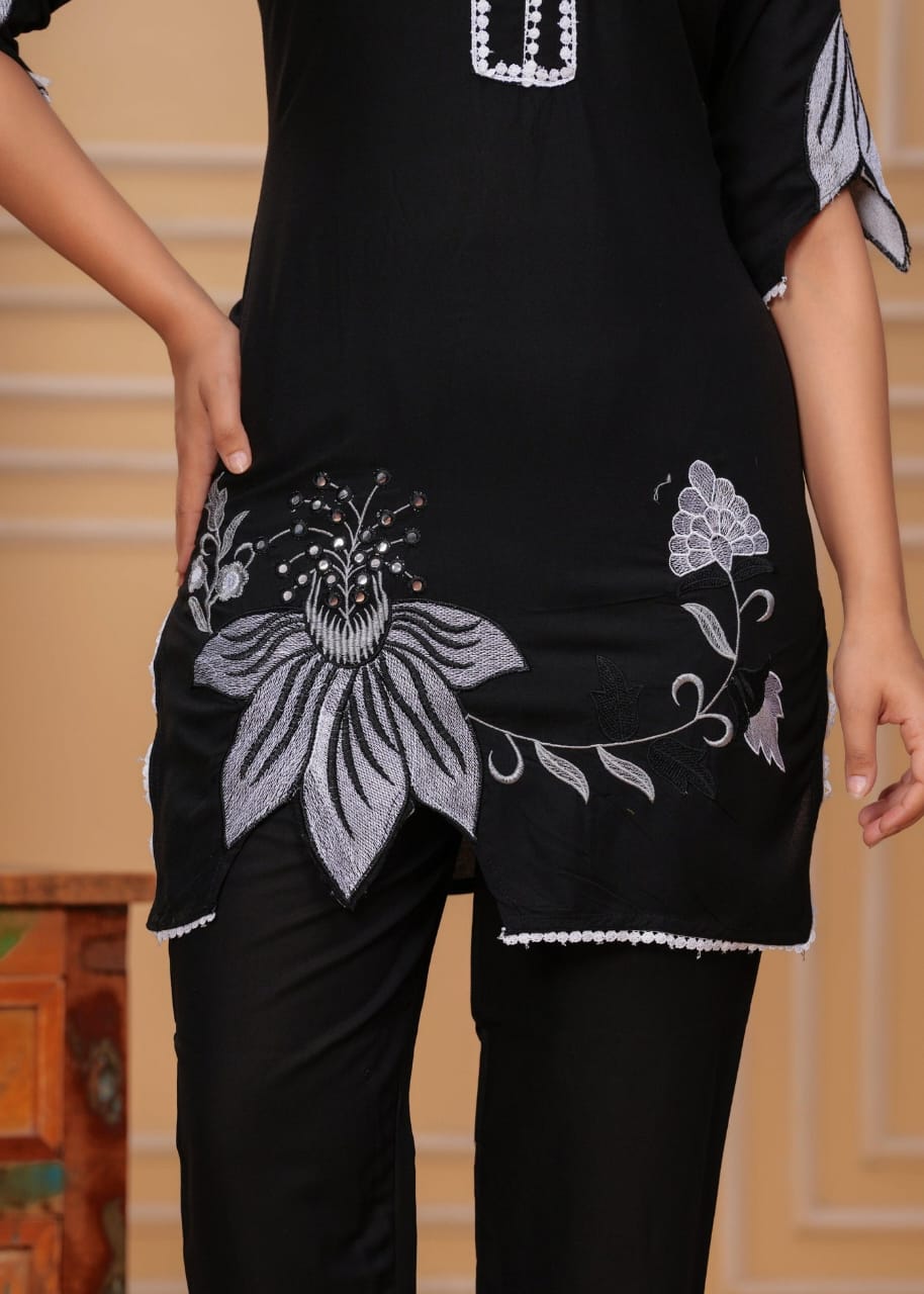 Cotton Black Lotus Embroidered Kurta Set - pasoya