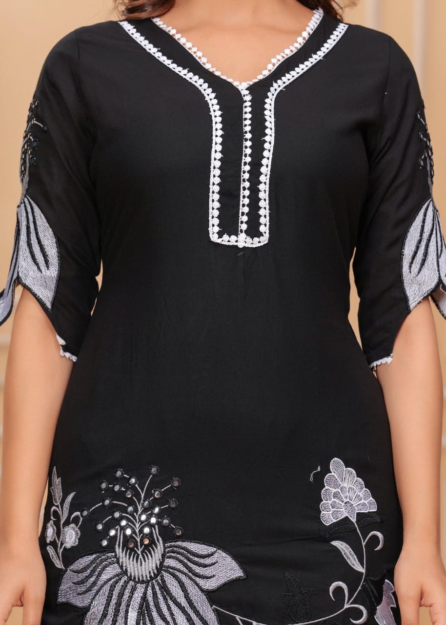 Cotton Black Lotus Embroidered Kurta Set - pasoya