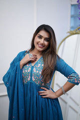 Cotton Blue Anarkali Embroidery Duptta Set - pasoya