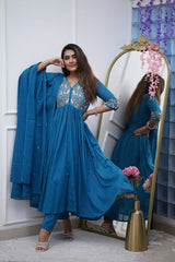 Cotton Blue Anarkali Embroidery Duptta Set - pasoya