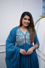 Cotton Blue Anarkali Embroidery Duptta Set - pasoya
