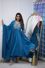 Cotton Blue Anarkali Embroidery Duptta Set - pasoya