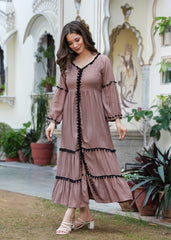 COTTON BROWN LONG FLARED POM POM BEAUTIFUL DRESS - pasoya