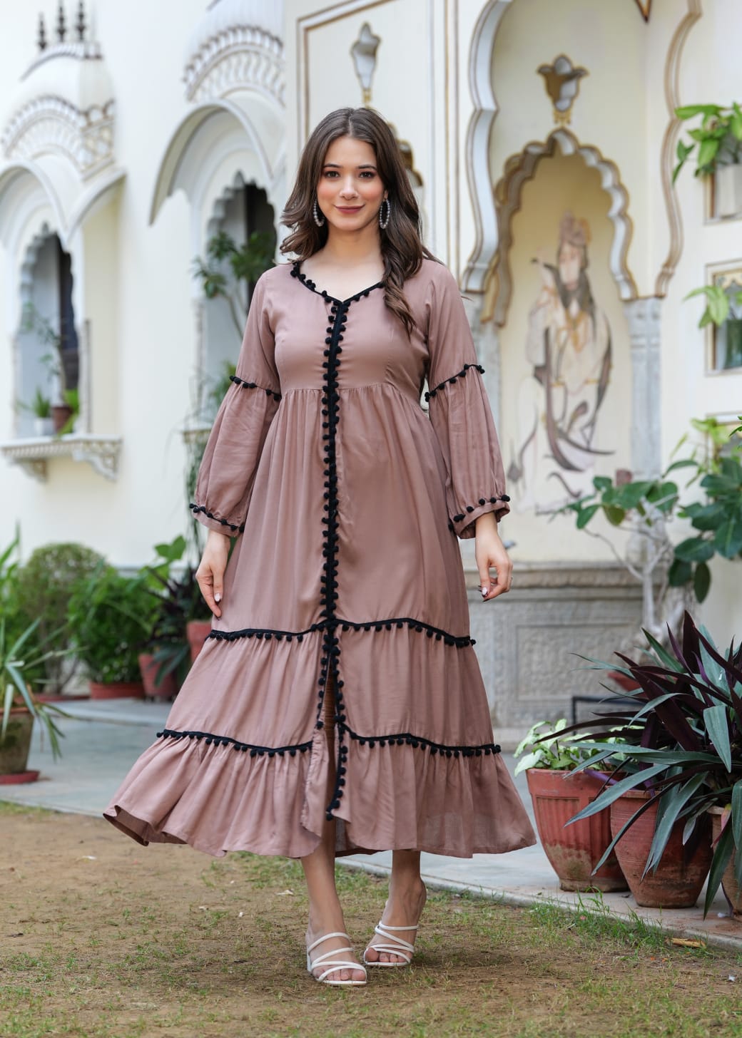 COTTON BROWN LONG FLARED POM POM BEAUTIFUL DRESS - pasoya