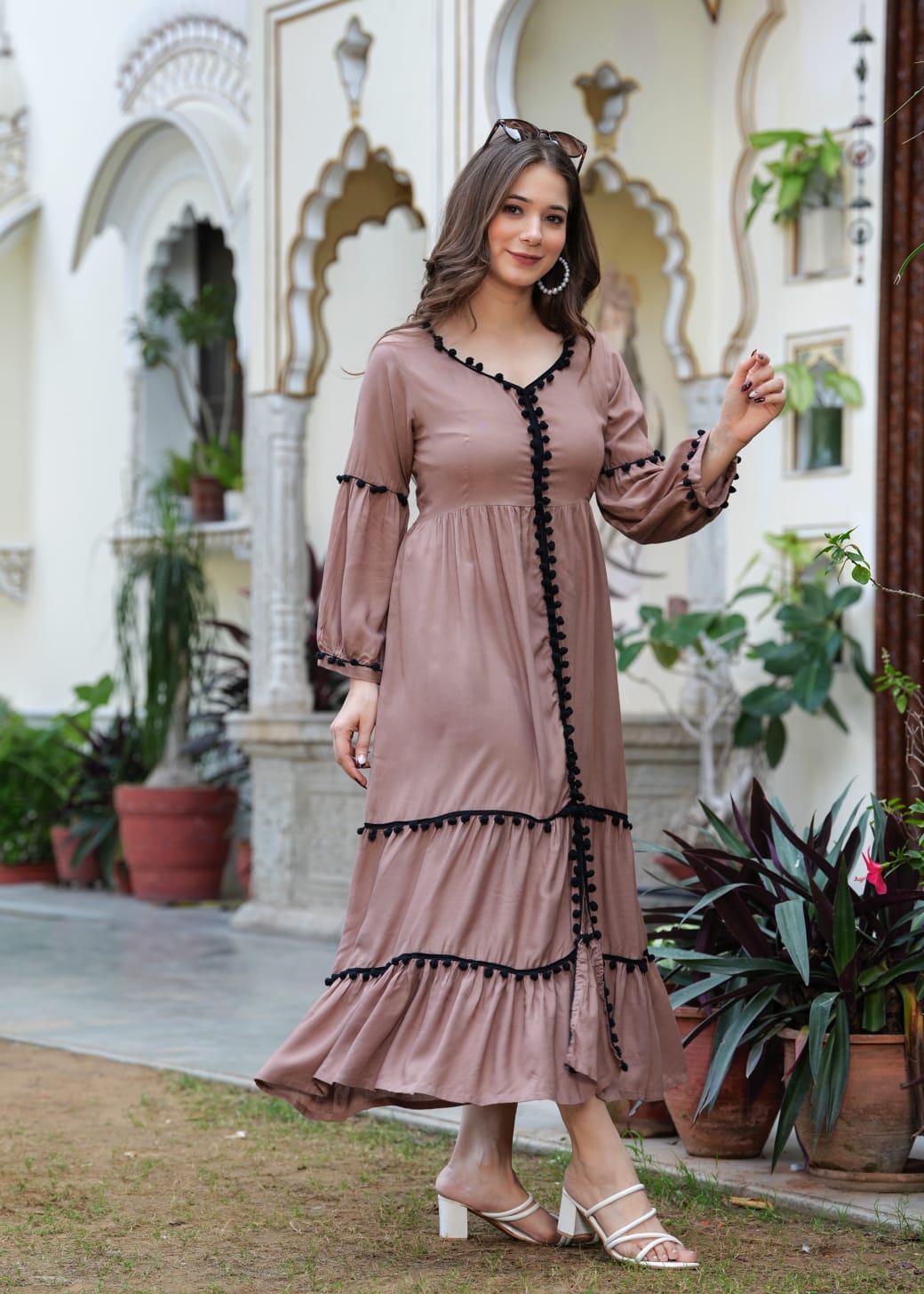 COTTON BROWN LONG FLARED POM POM BEAUTIFUL DRESS - pasoya