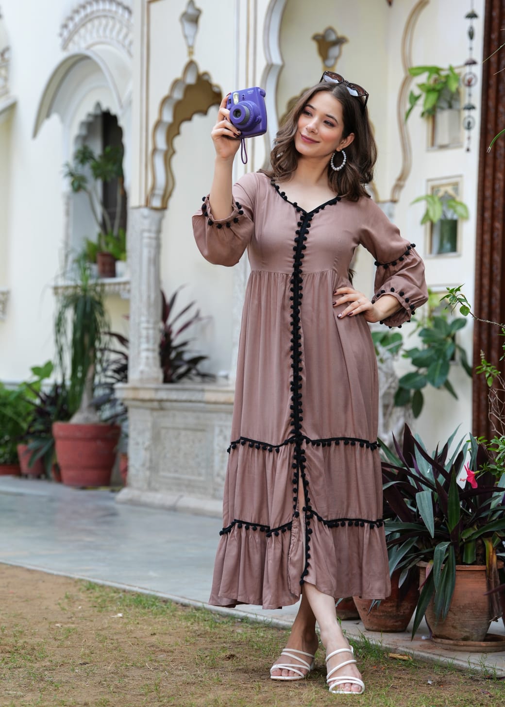 COTTON BROWN LONG FLARED POM POM BEAUTIFUL DRESS - pasoya