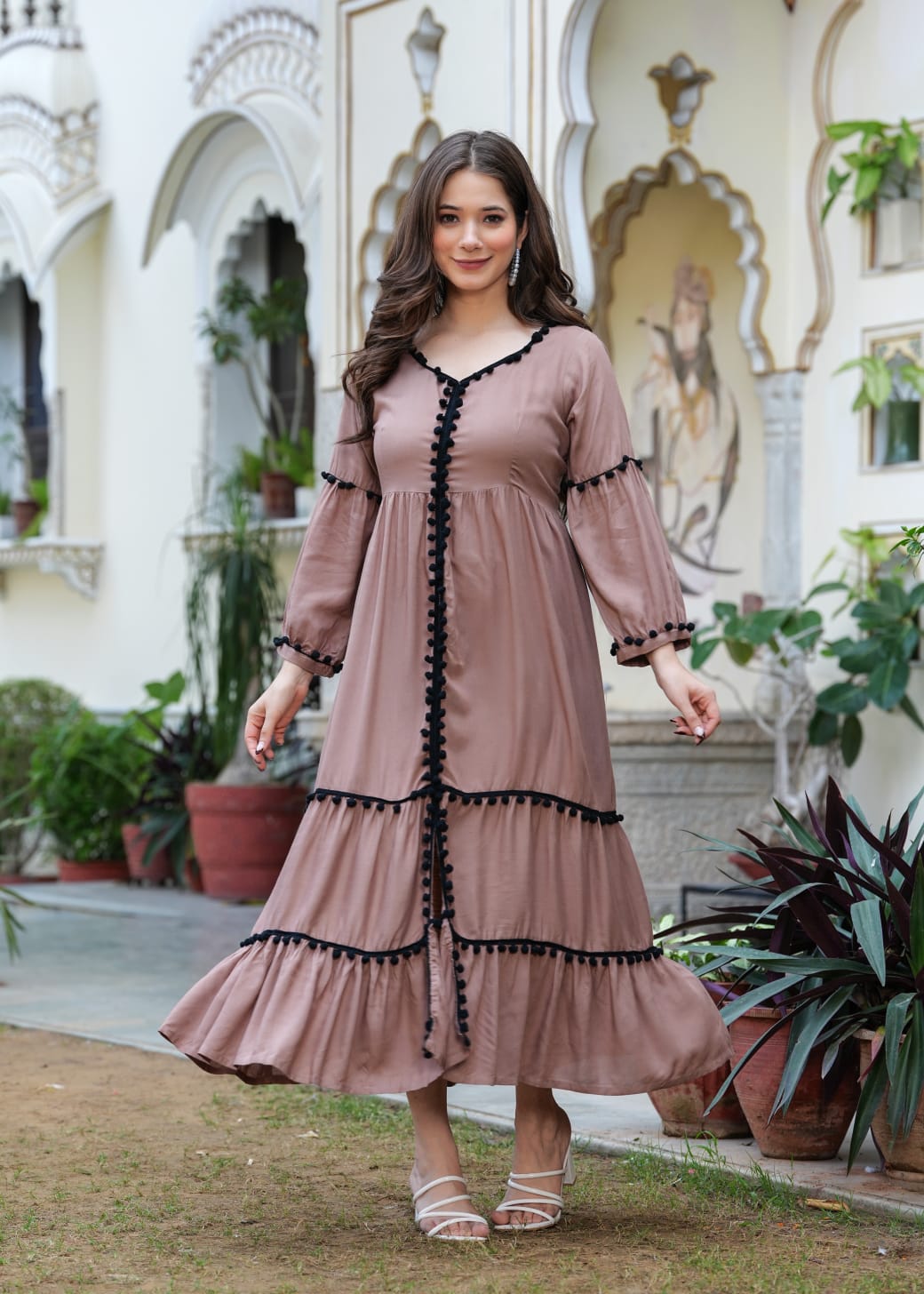 COTTON BROWN LONG FLARED POM POM BEAUTIFUL DRESS - pasoya