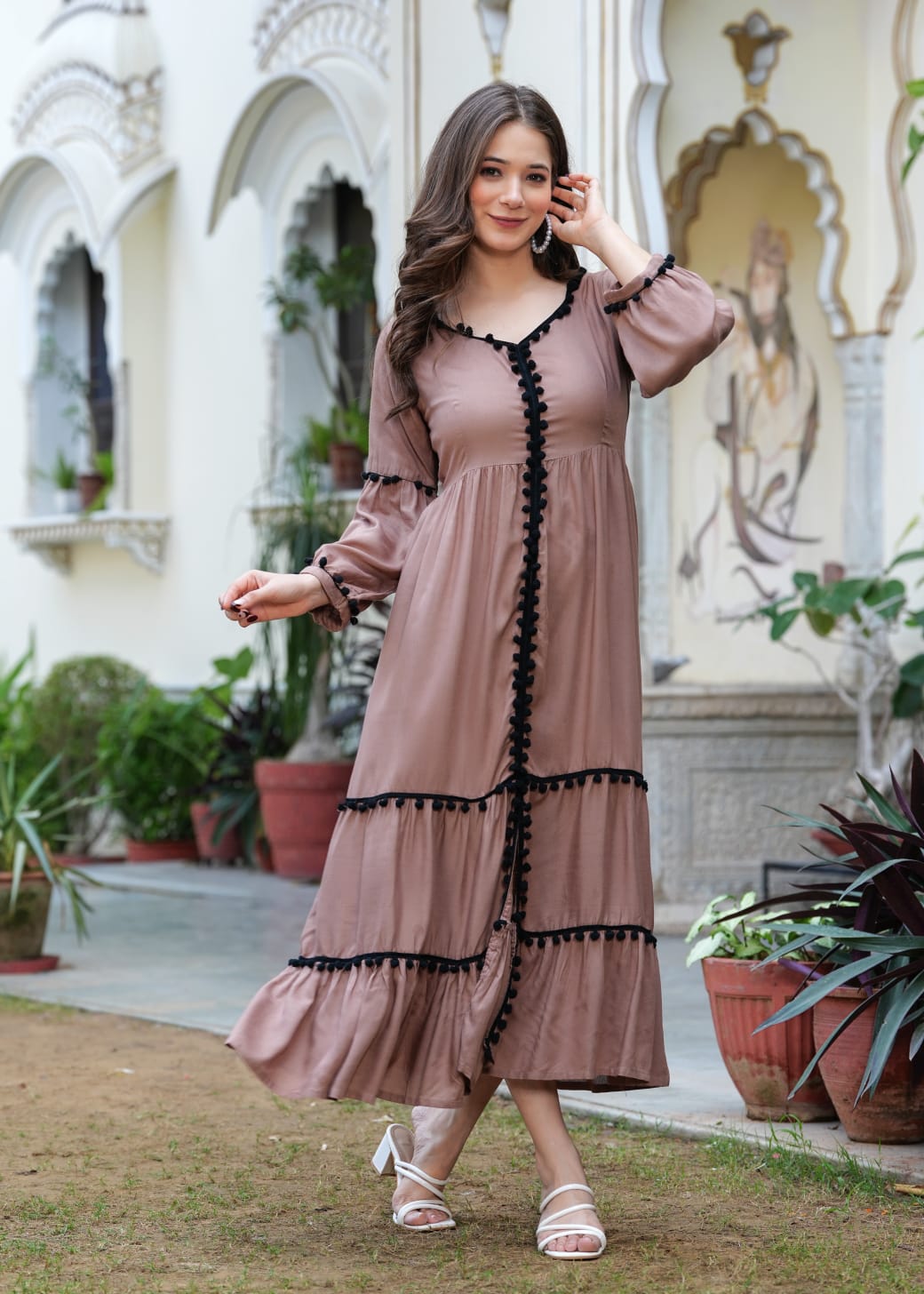 COTTON BROWN LONG FLARED POM POM BEAUTIFUL DRESS - pasoya