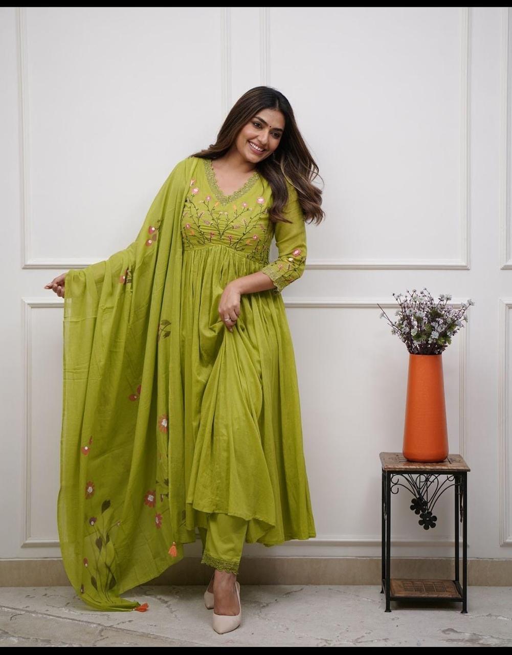 Cotton Green Embroidery Floral Anarkali Set - pasoya