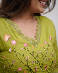 Cotton Green Embroidery Floral Anarkali Set - pasoya