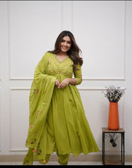 Cotton Green Embroidery Floral Anarkali Set - pasoya