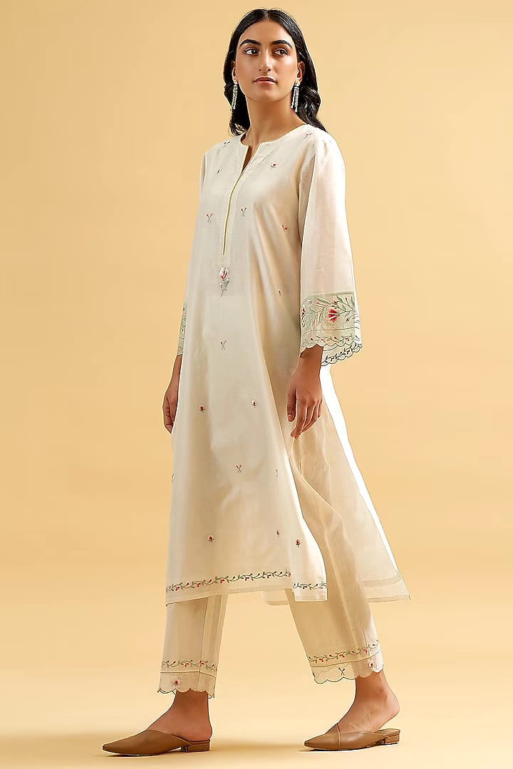 Cotton Off - White Embroidered Kurta Set - pasoya