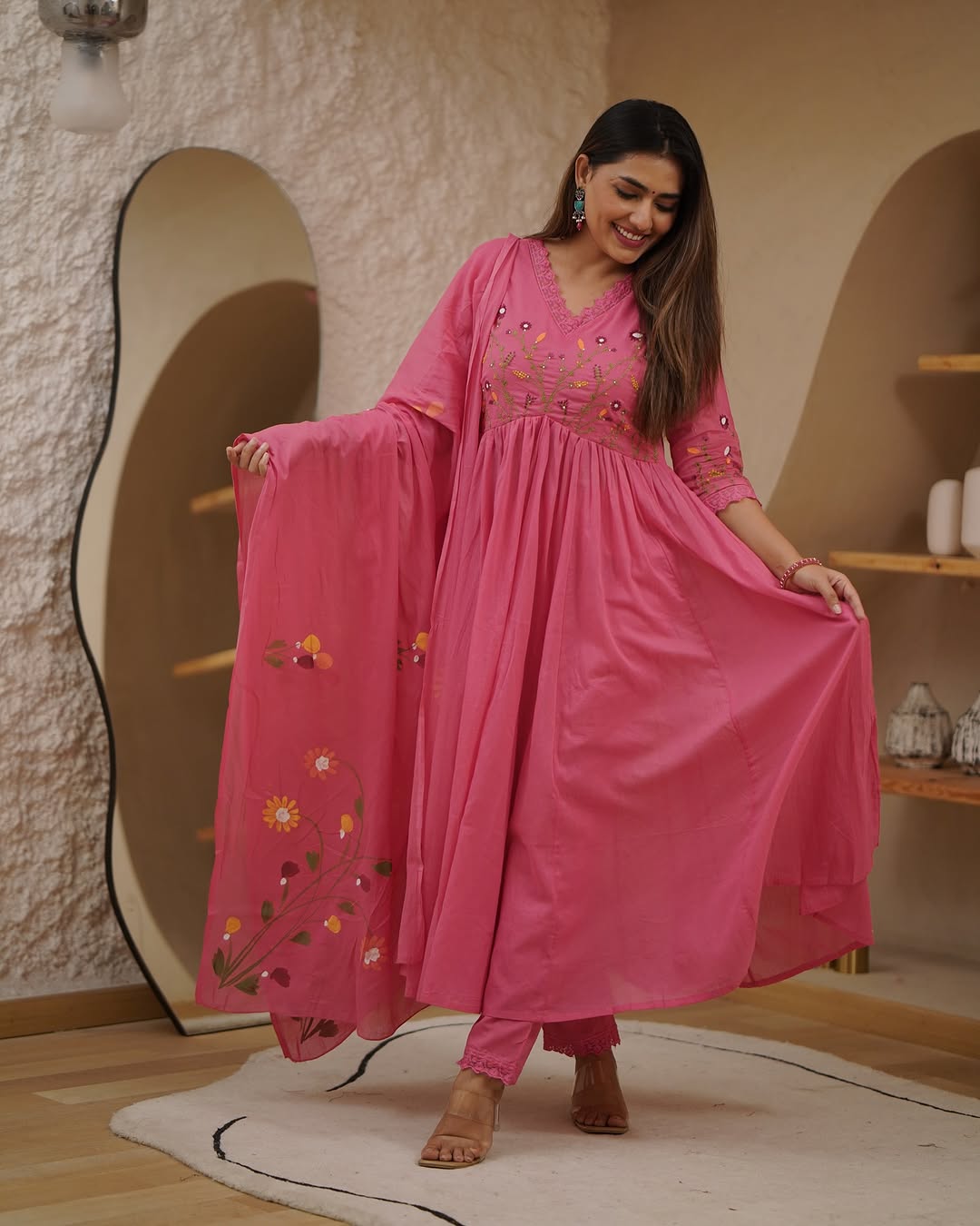 Cotton Pink Embroidery Floral Anarkali Set - pasoya