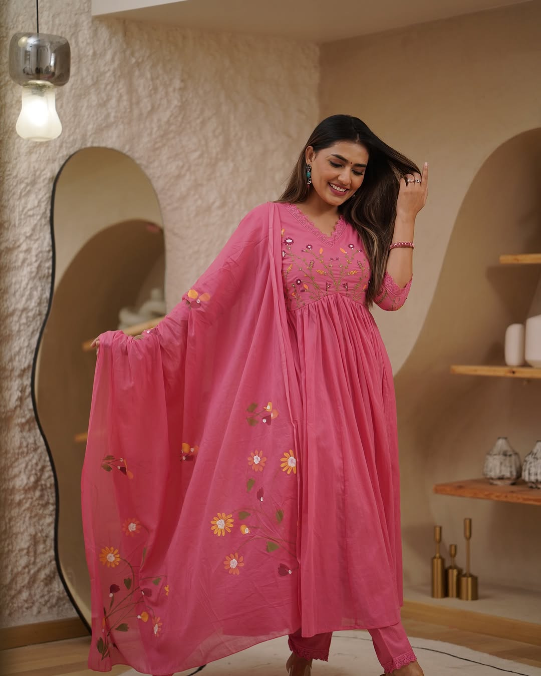 Cotton Pink Embroidery Floral Anarkali Set - pasoya