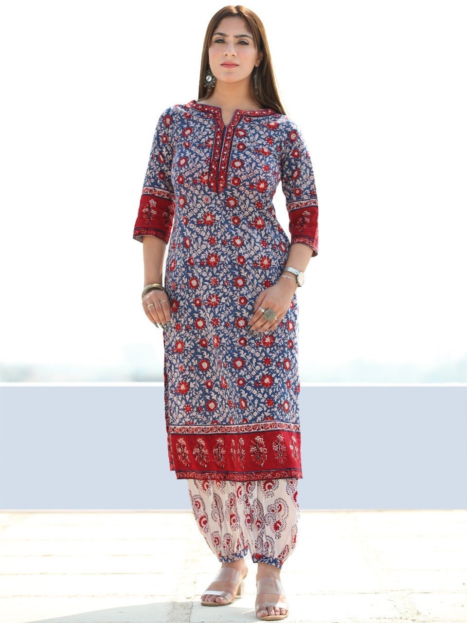 Cotton Print Kurta, Afghani Pant and Malmal Dupatta Set - pasoya