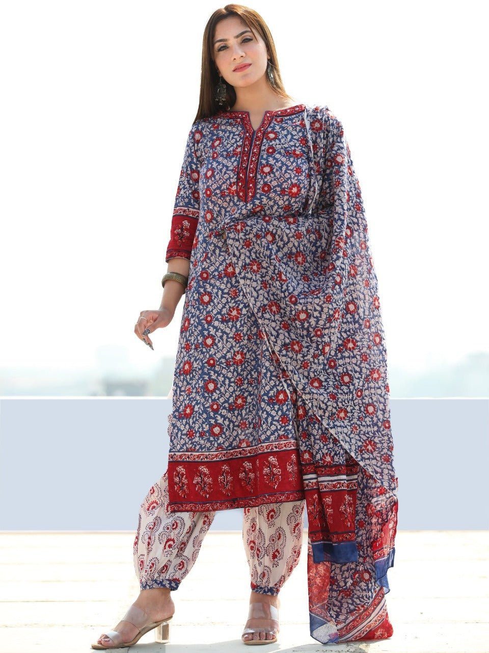 Cotton Print Kurta, Afghani Pant and Malmal Dupatta Set - pasoya