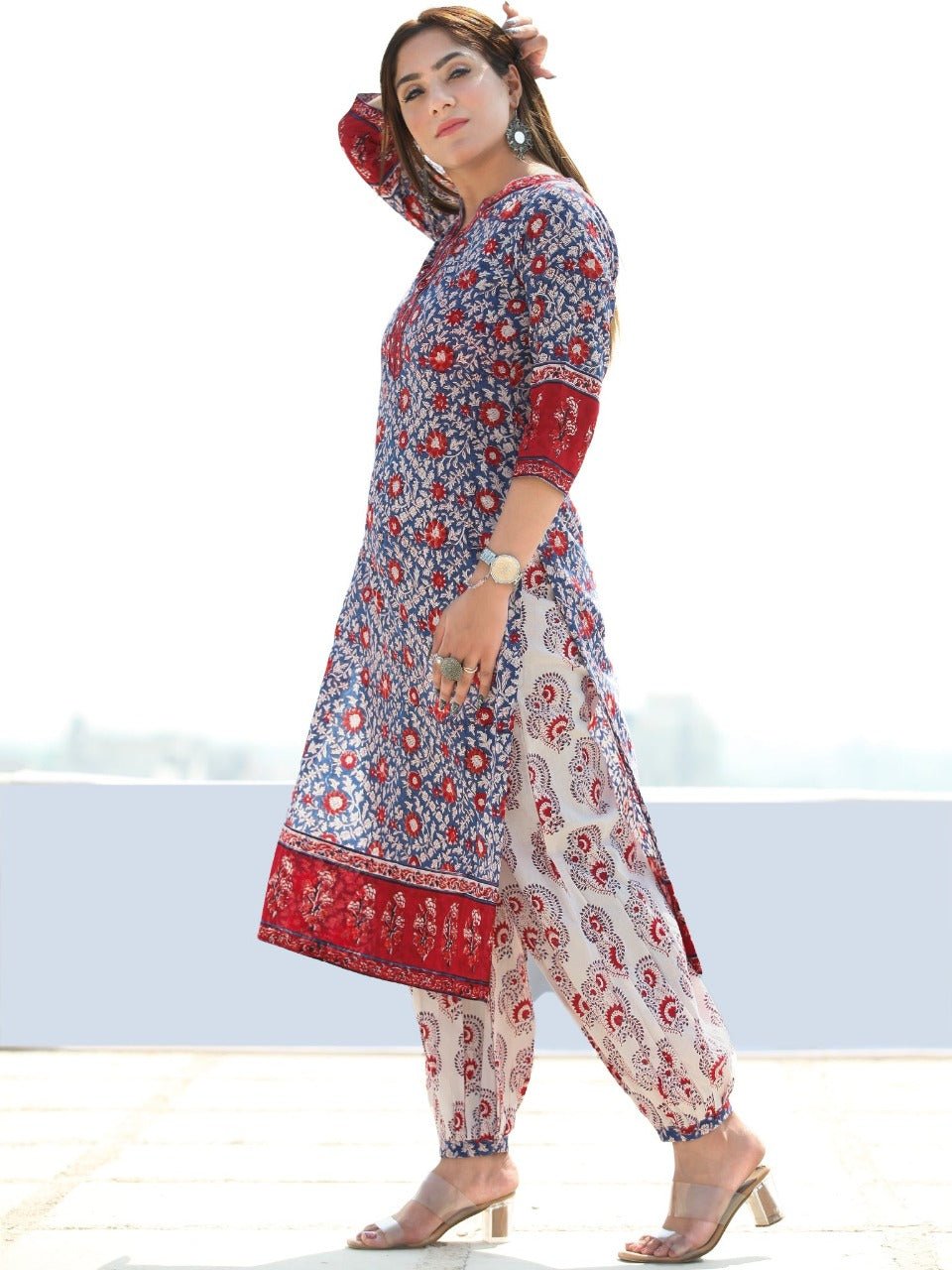 Cotton Print Kurta, Afghani Pant and Malmal Dupatta Set - pasoya