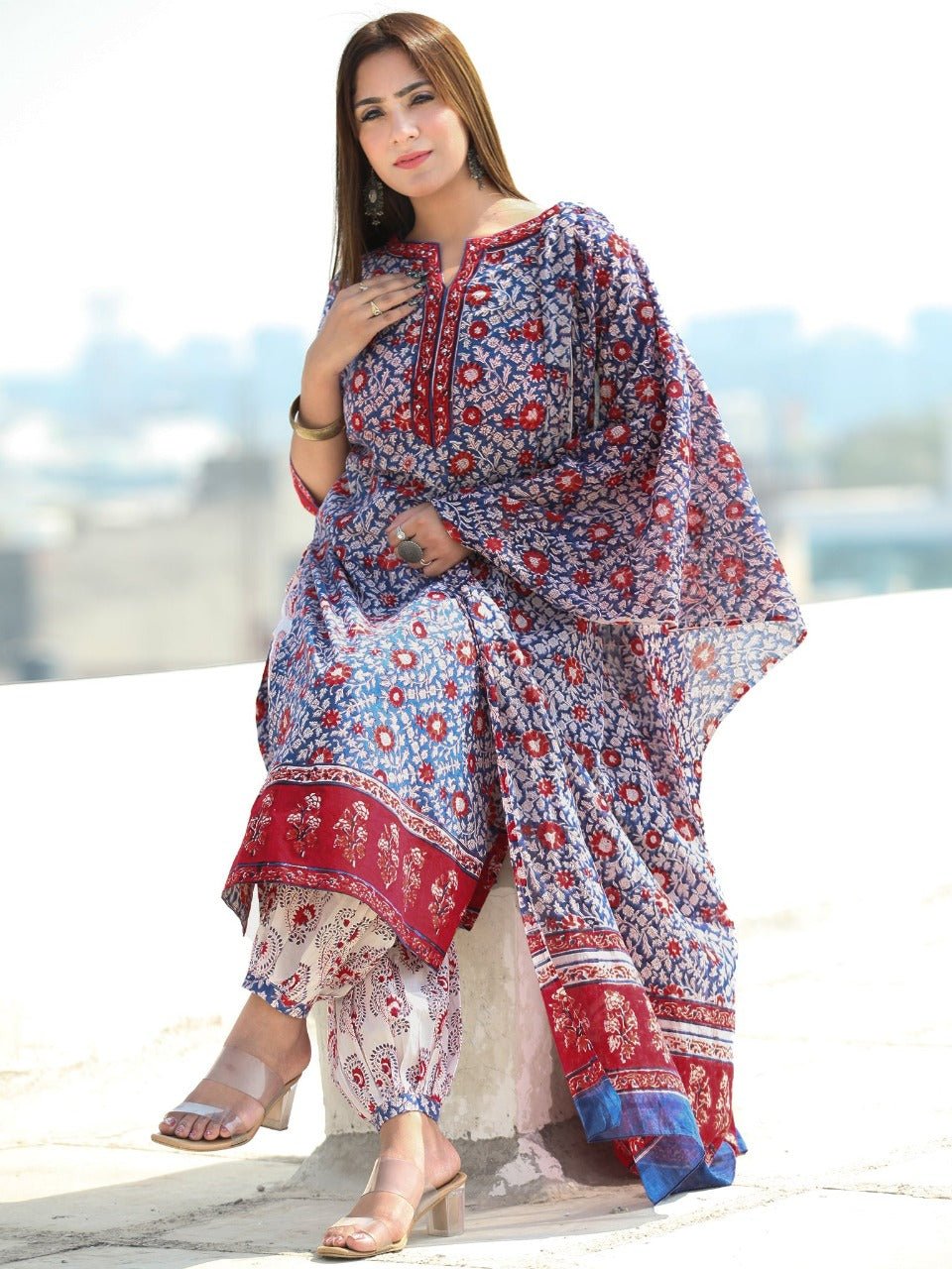 Cotton Print Kurta, Afghani Pant and Malmal Dupatta Set - pasoya