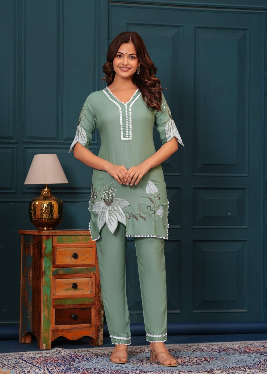 Cotton Sage Green Lotus Embroidered Kurta Set - pasoya