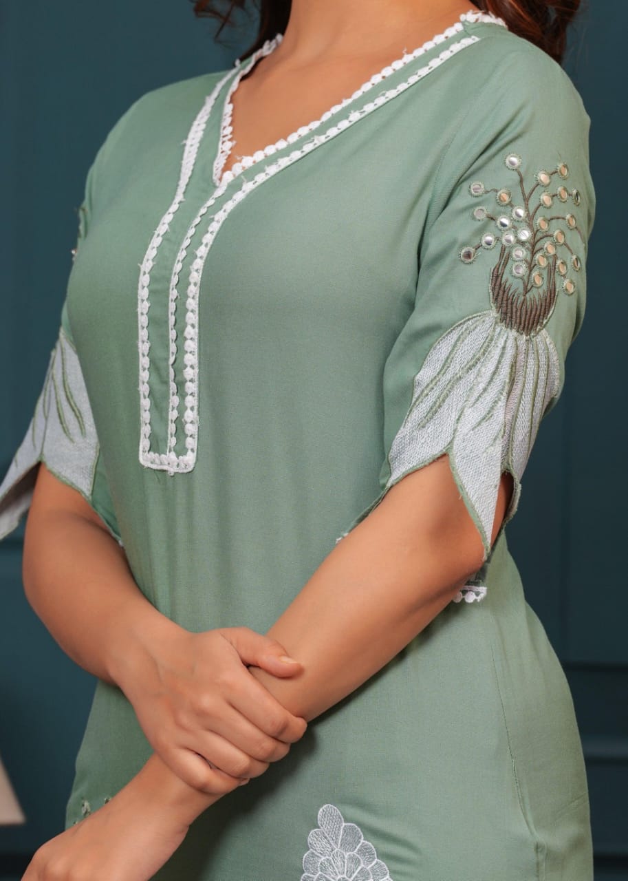 Cotton Sage Green Lotus Embroidered Kurta Set - pasoya