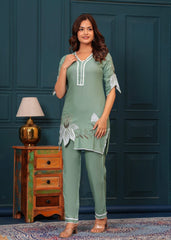 Cotton Sage Green Lotus Embroidered Kurta Set - pasoya