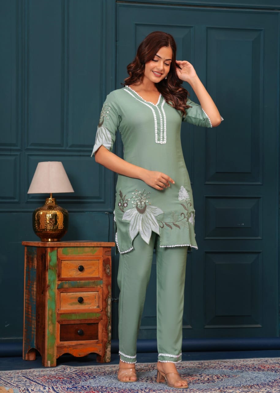 Cotton Sage Green Lotus Embroidered Kurta Set - pasoya