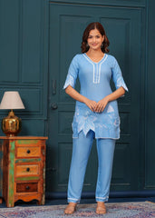 Cotton Sky Blue Lotus Embroidered Kurta Set - pasoya