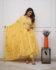 Cotton Yellow Embroidery Floral Anarkali Set - pasoya