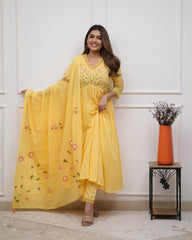 Cotton Yellow Embroidery Floral Anarkali Set - pasoya