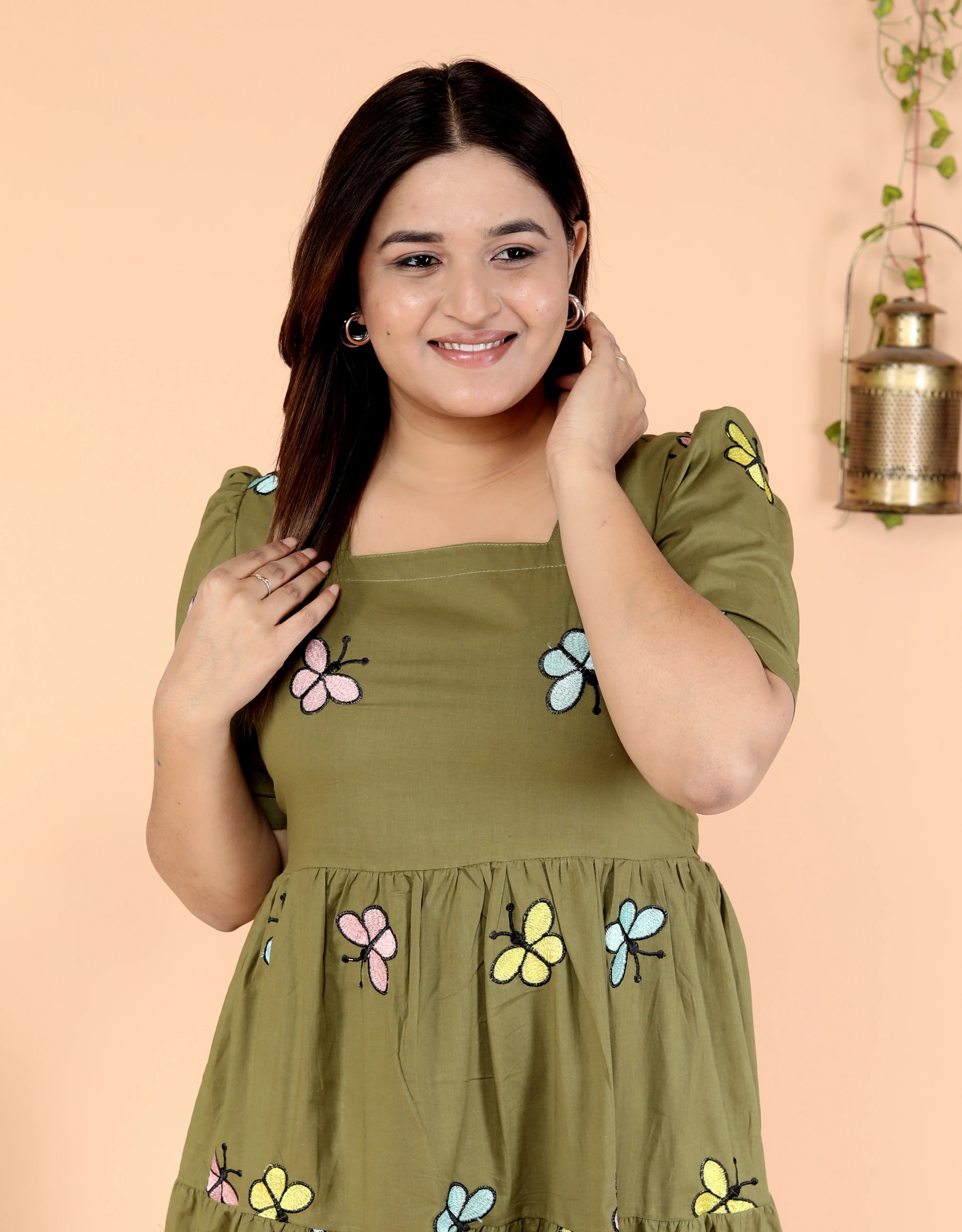 Dark Green Butterfly Cotton Middi Gown - pasoya