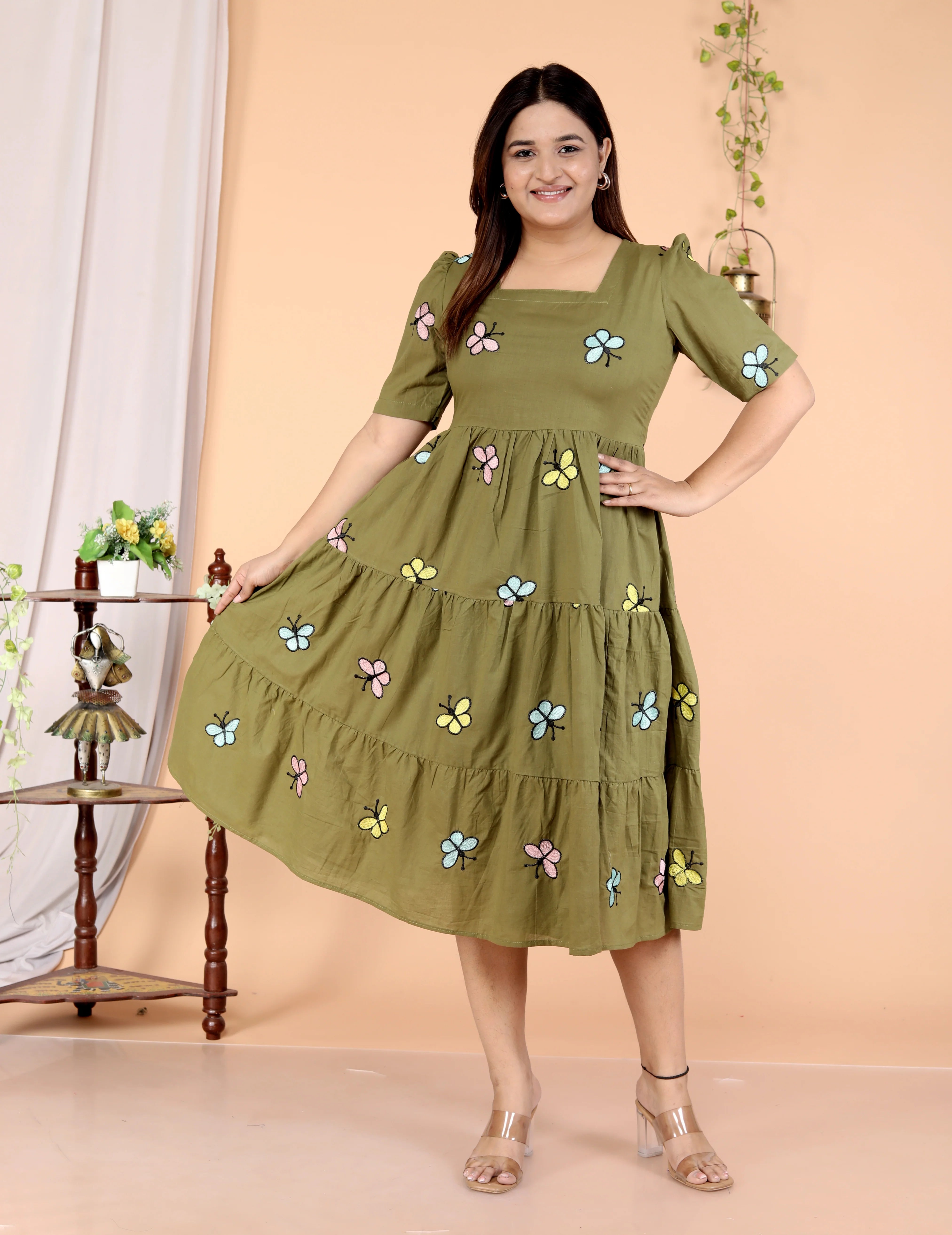 Dark Green Butterfly Cotton Middi Gown - pasoya