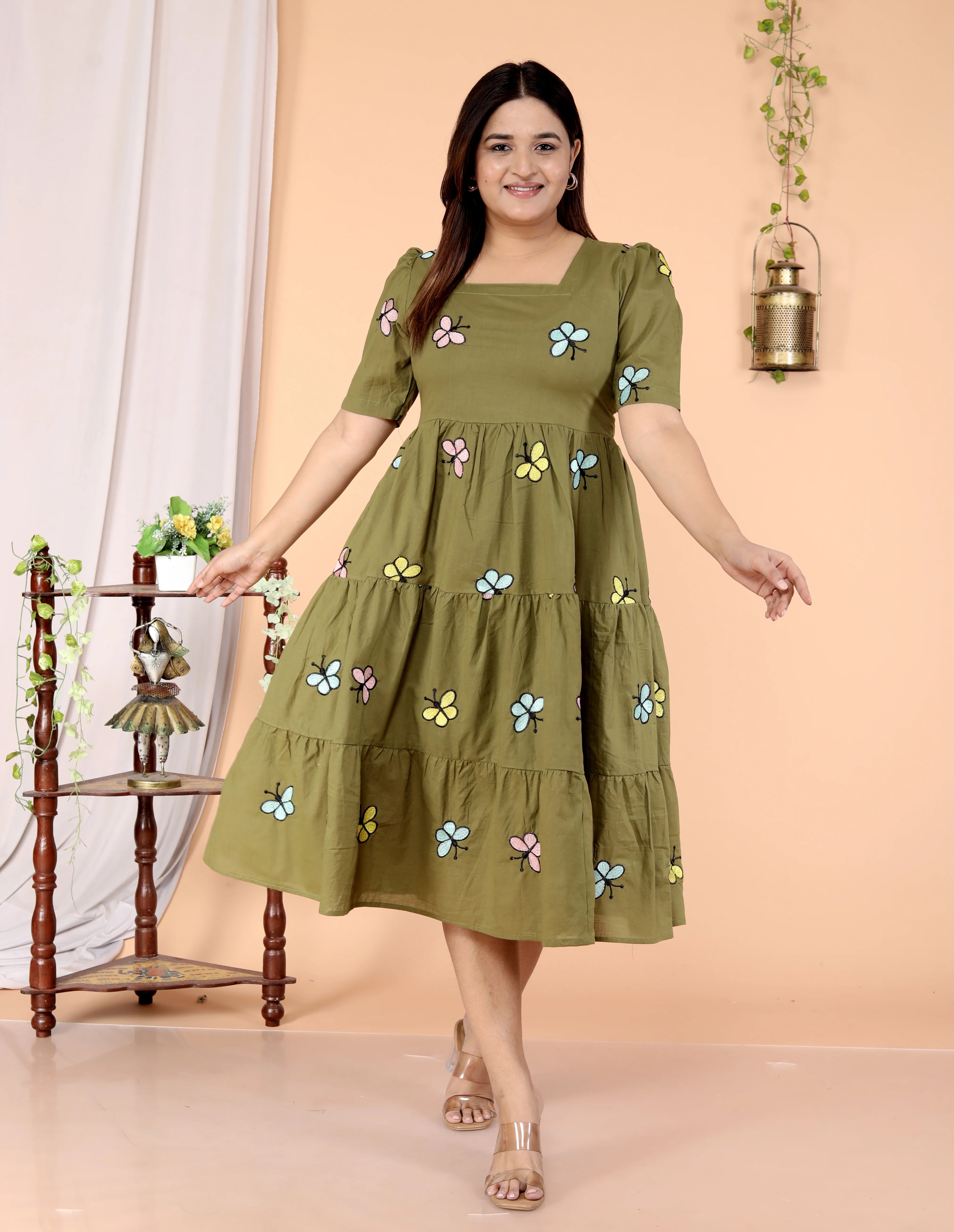 Dark Green Butterfly Cotton Middi Gown - pasoya