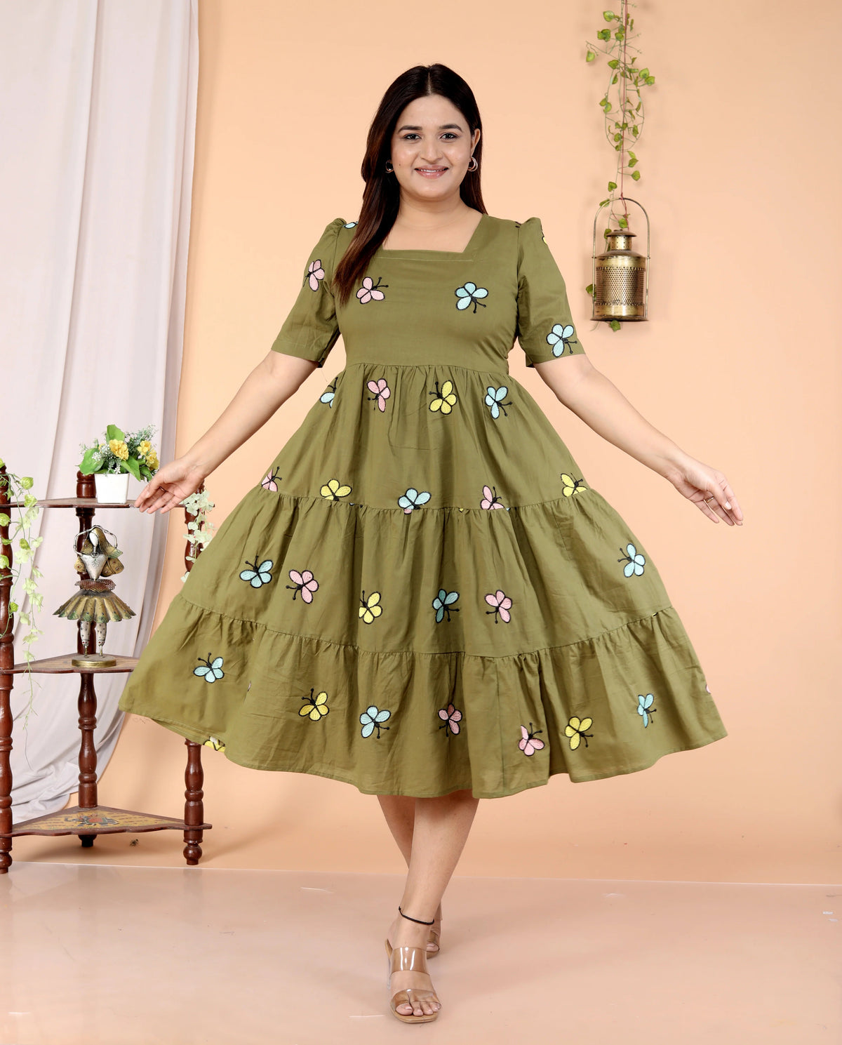 Dark Green Butterfly Cotton Middi Gown - pasoya