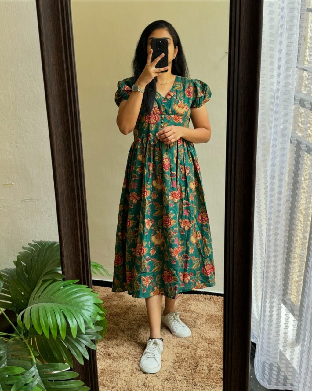 Dusty Green Cotton Lotus Print Dress - pasoya