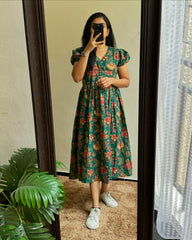 Dusty Green Cotton Lotus Print Dress - pasoya