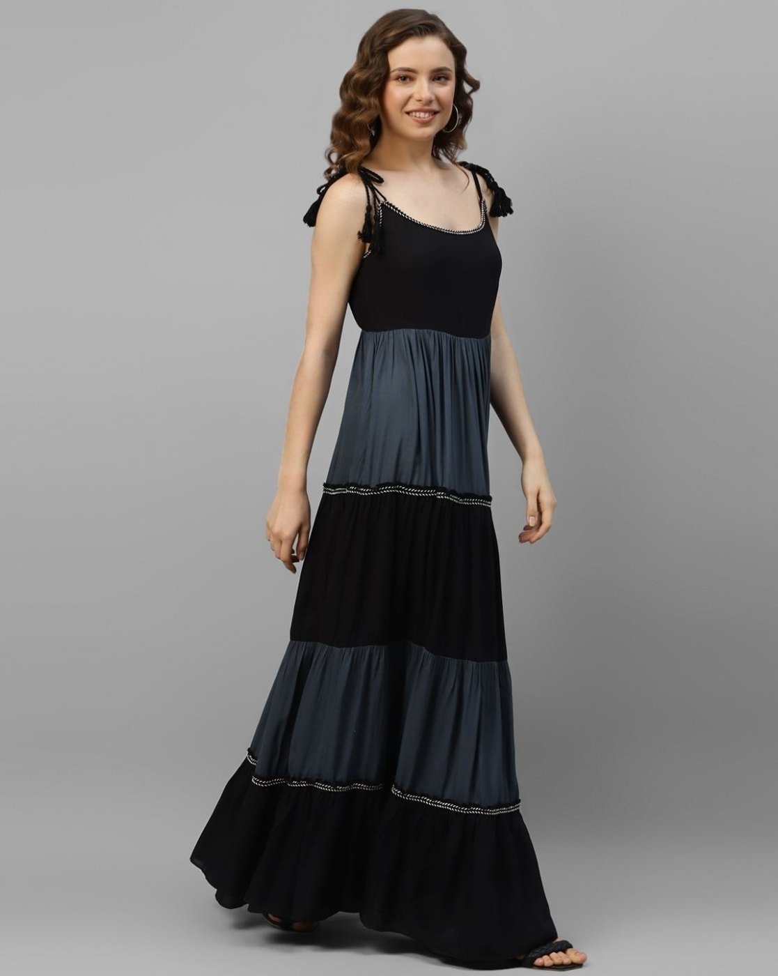 Elegant Black and Grey Viscose Rayon Gown - pasoya