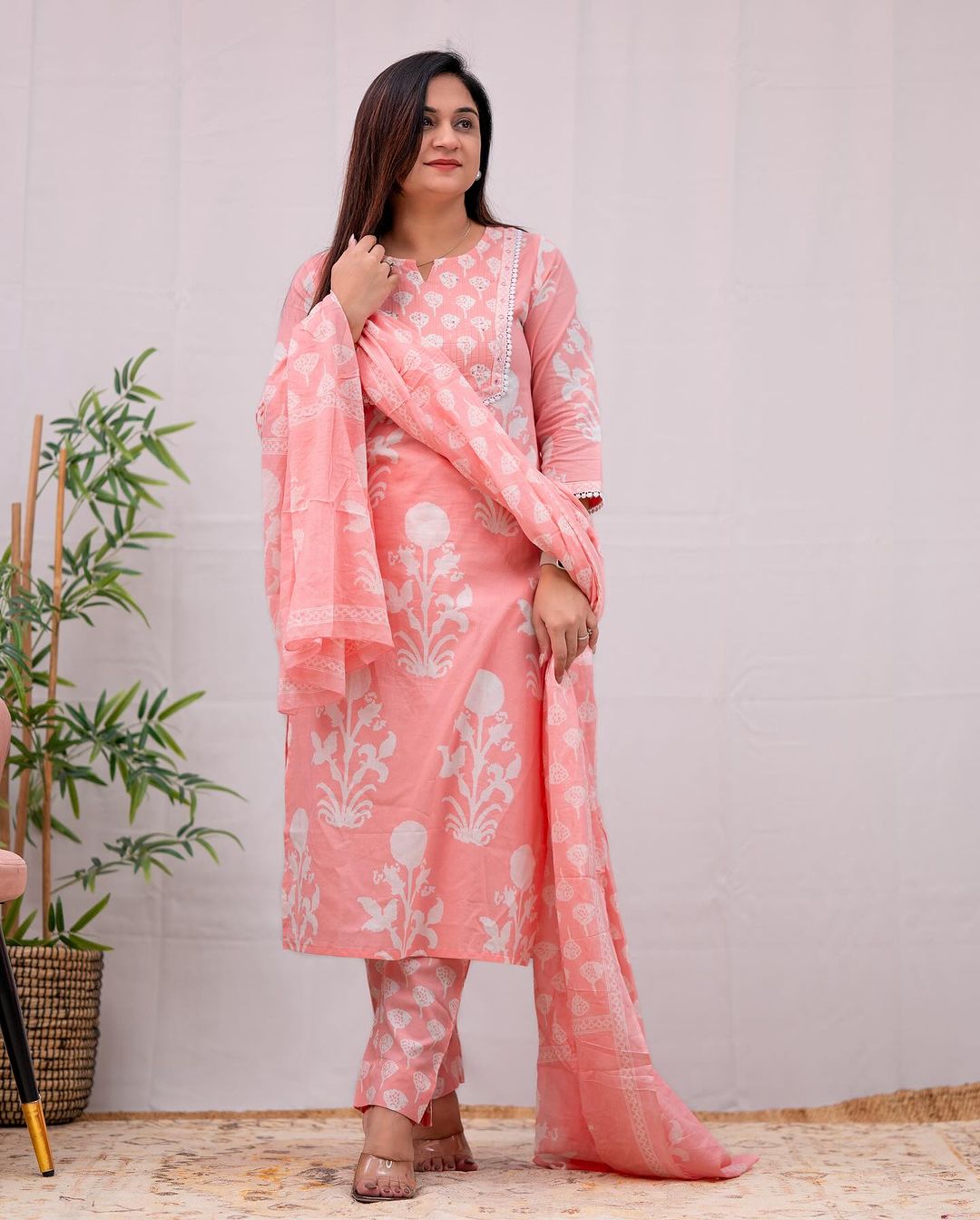 Elegant Peach Hand - Block Printed Cotton Suit - pasoya