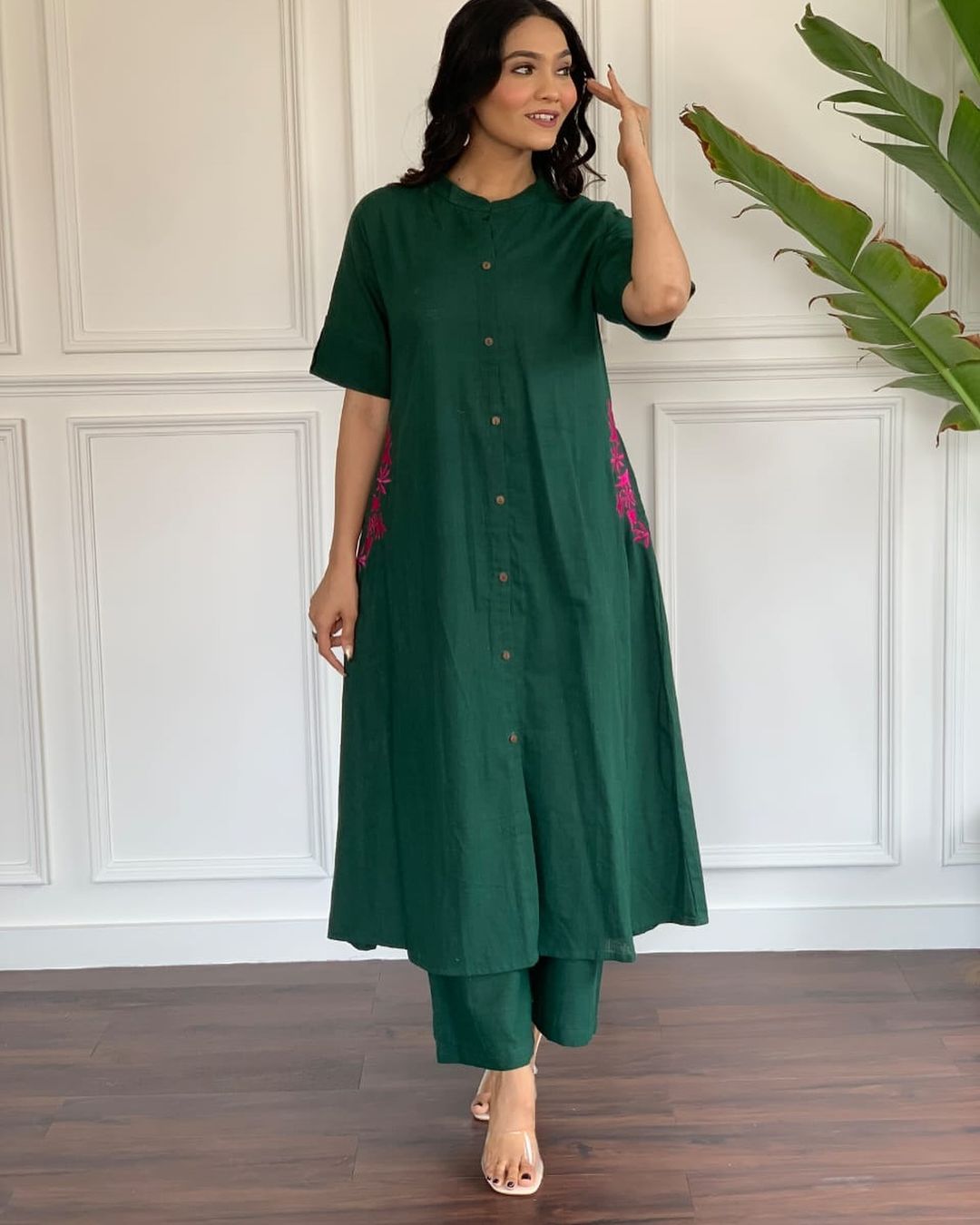 Emerald Green Embroidered Cotton Co - Ord Set - pasoya