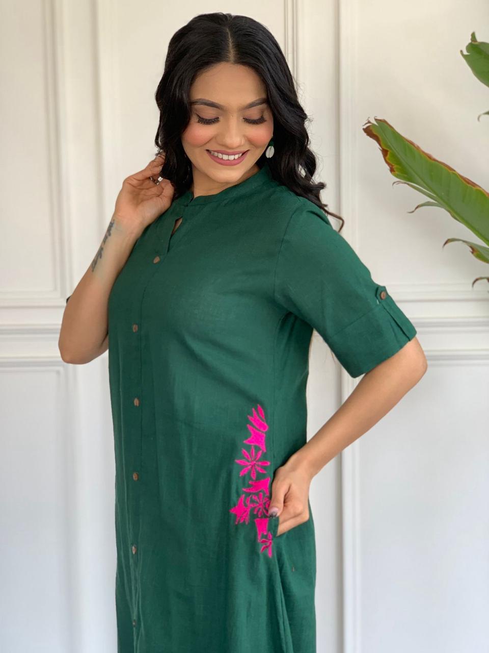 Emerald Green Embroidered Cotton Co - Ord Set - pasoya