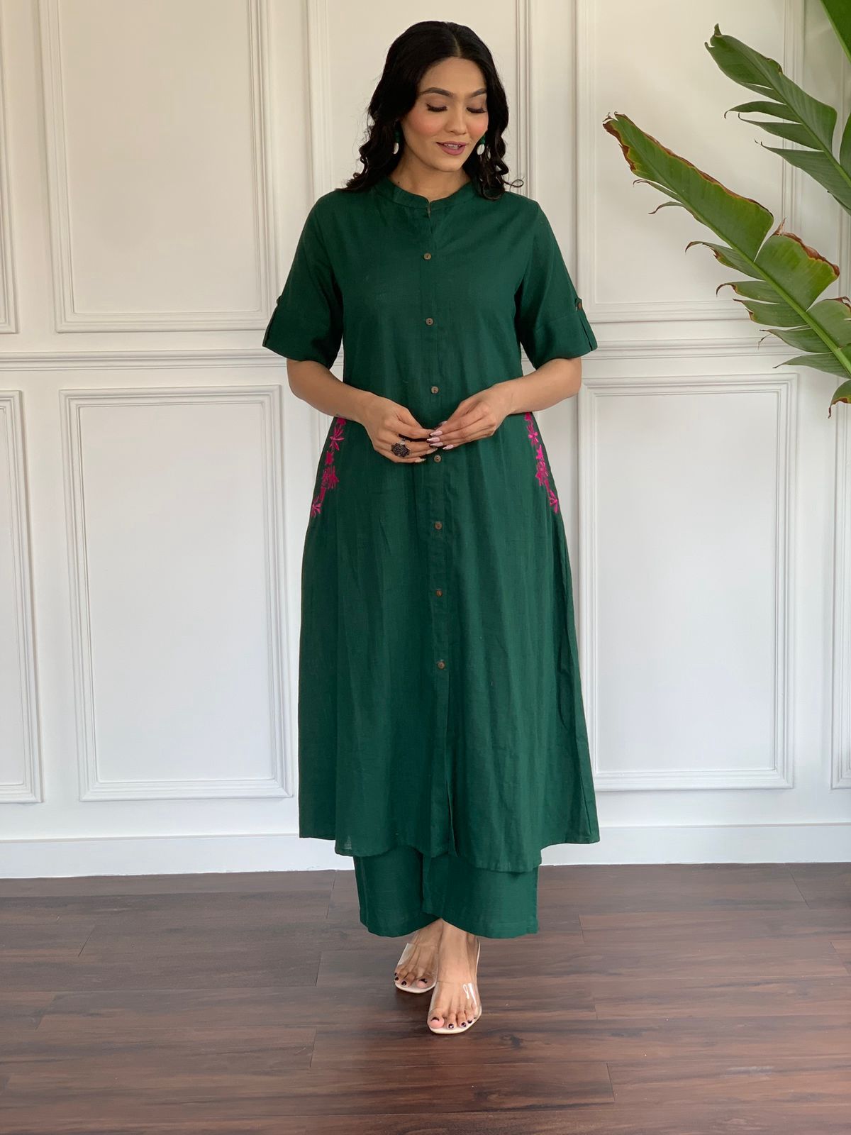 Emerald Green Embroidered Cotton Co - Ord Set - pasoya