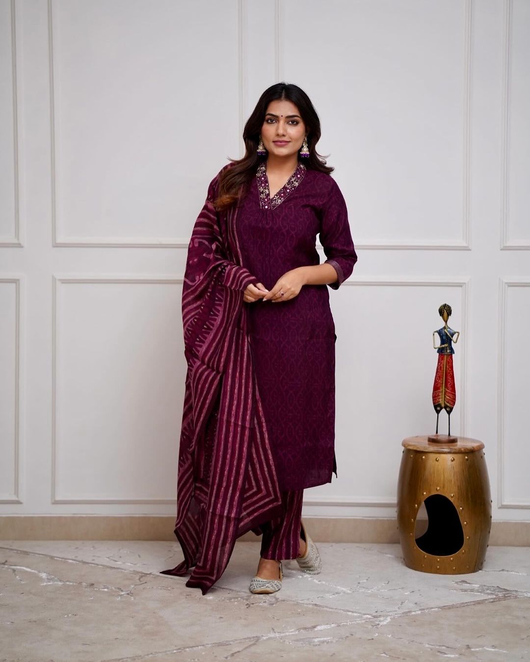 Festive Special Cotton Magenta Kurta Pant and Dupatta set - pasoya