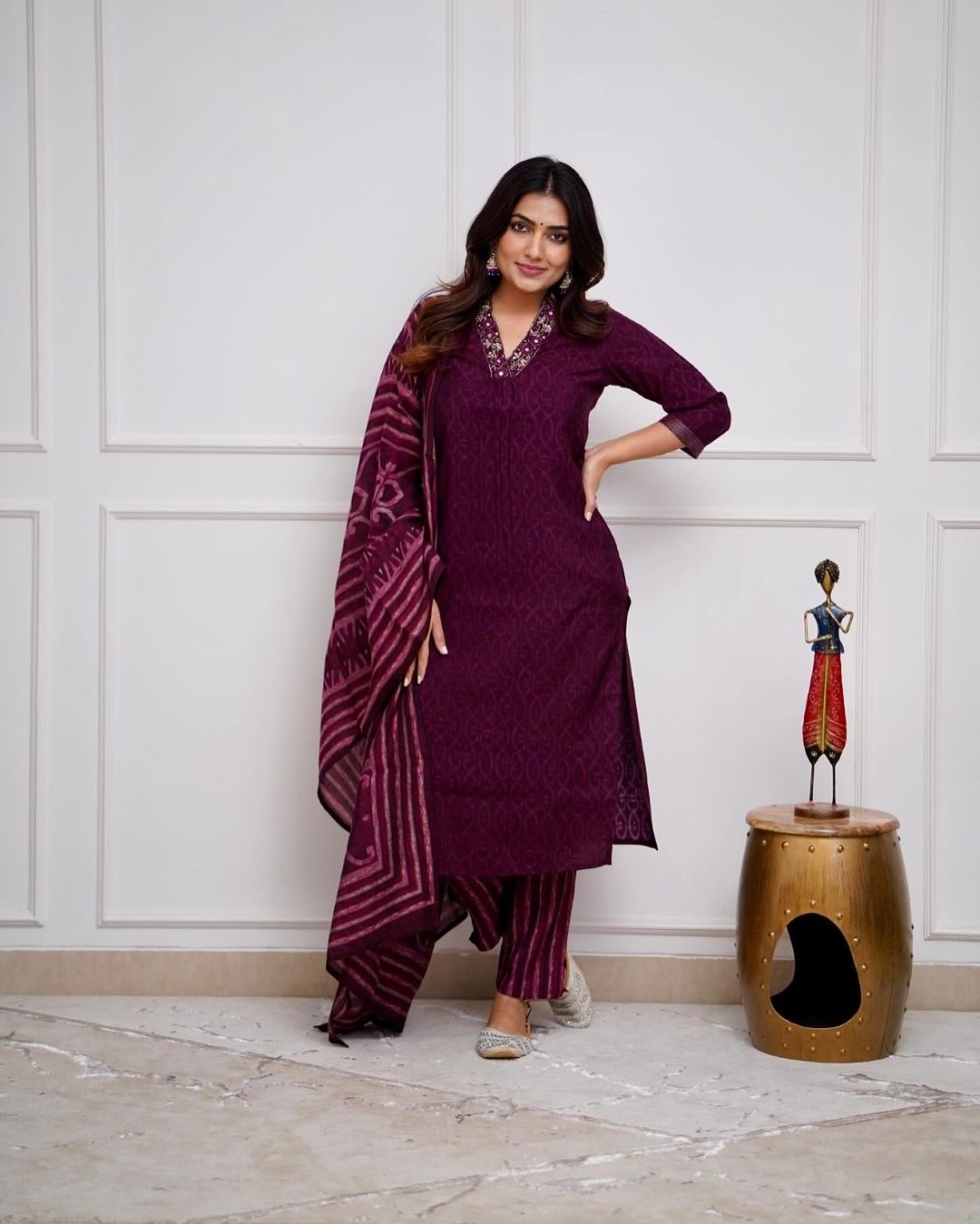 Festive Special Cotton Magenta Kurta Pant and Dupatta set - pasoya