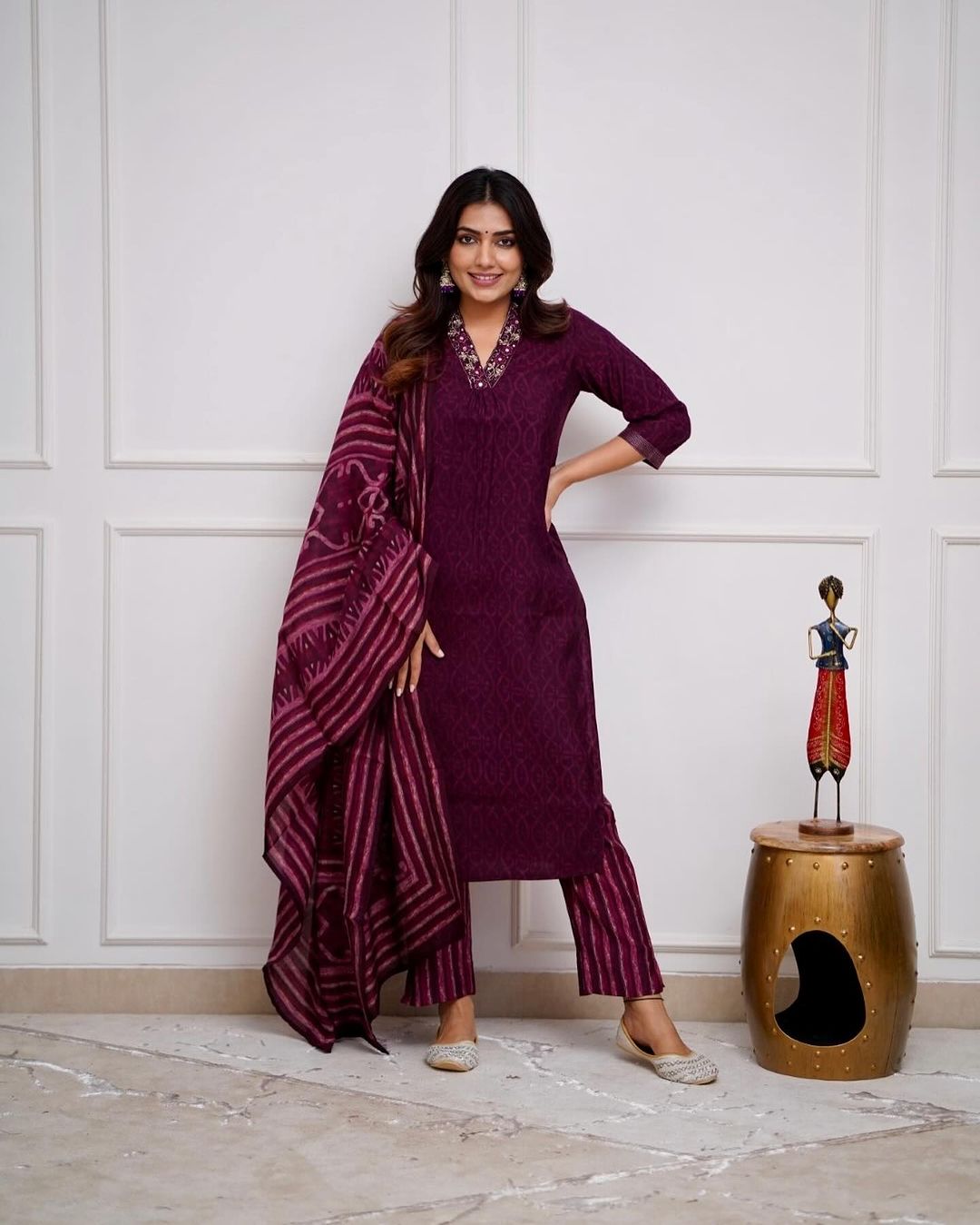 Festive Special Cotton Magenta Kurta Pant and Dupatta set - pasoya