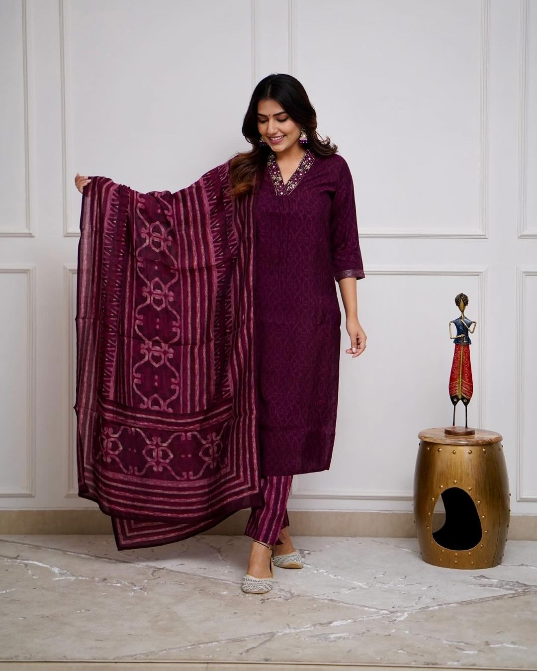 Festive Special Cotton Magenta Kurta Pant and Dupatta set - pasoya