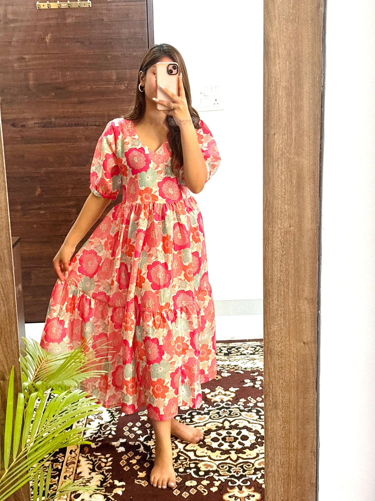 Flower Print Pink Cotton Middi Dress - pasoya