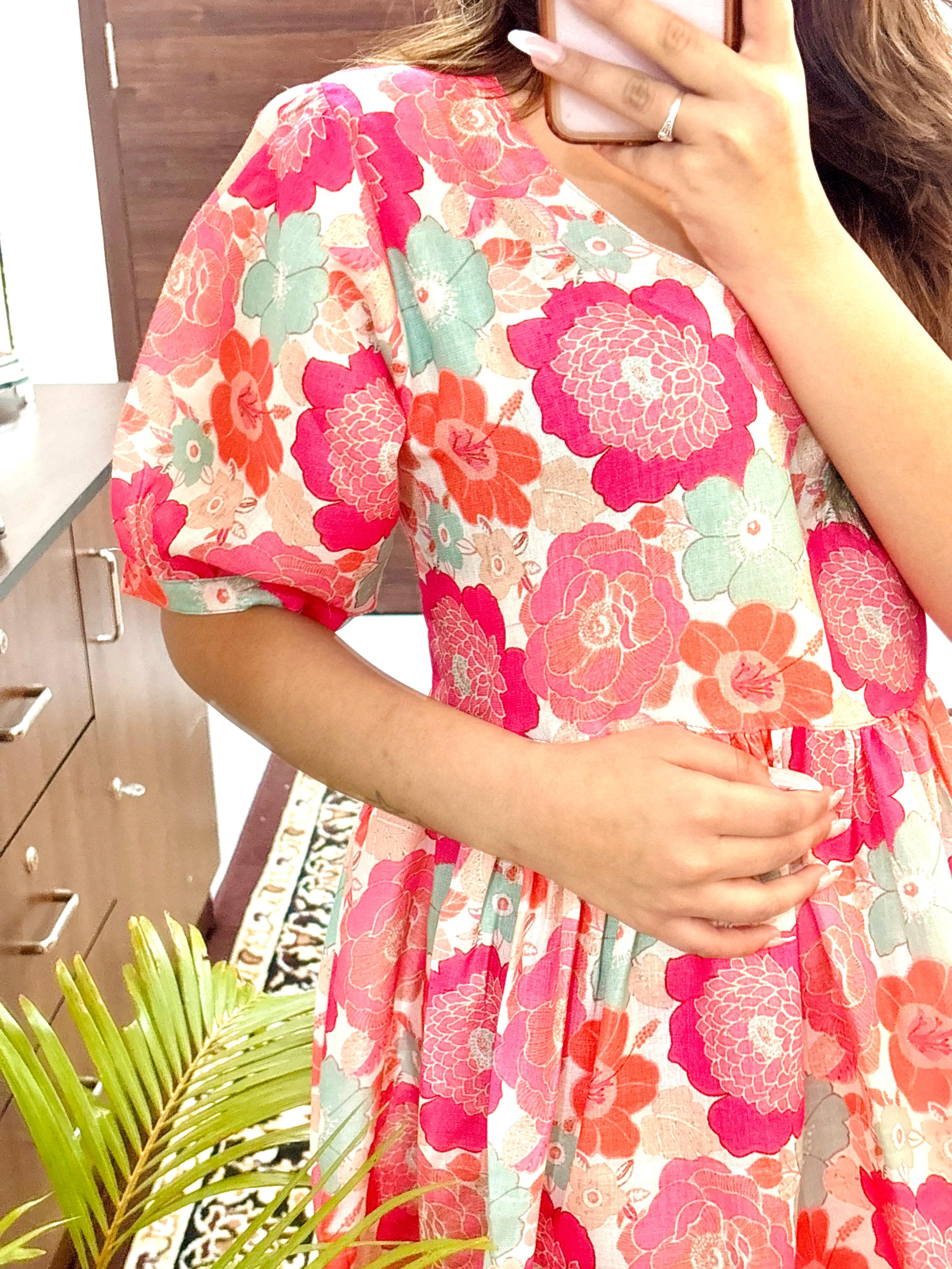 Flower Print Pink Cotton Middi Dress - pasoya