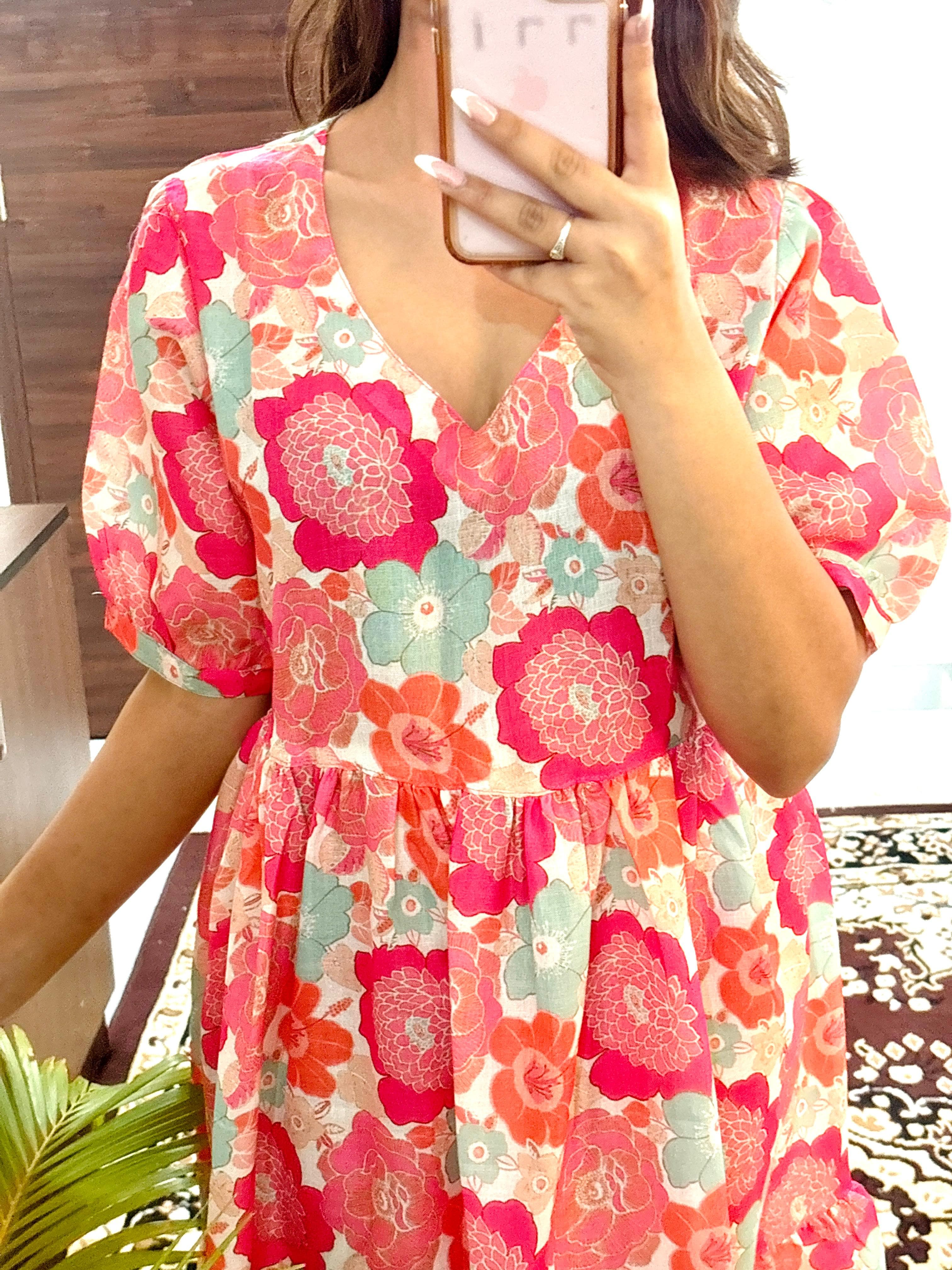 Flower Print Pink Cotton Middi Dress - pasoya