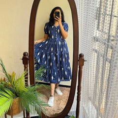 Indigo Cotton Print Breeze Midi Gown - pasoya