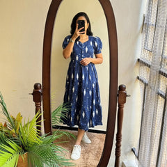 Indigo Cotton Print Breeze Midi Gown - pasoya